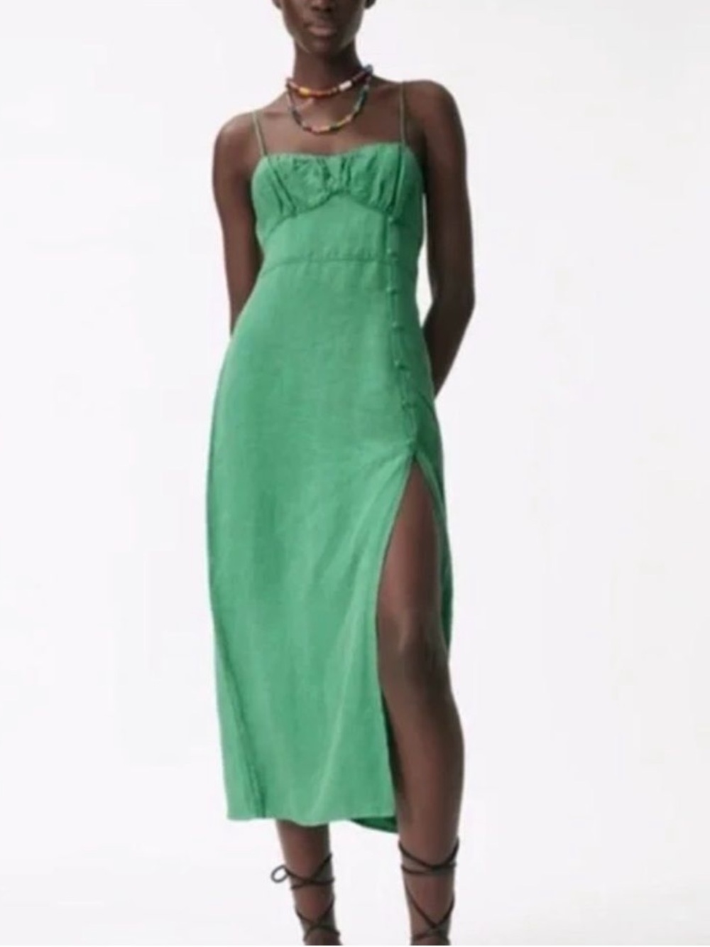 Zara Green Midi Dress with Side Slit Size XS